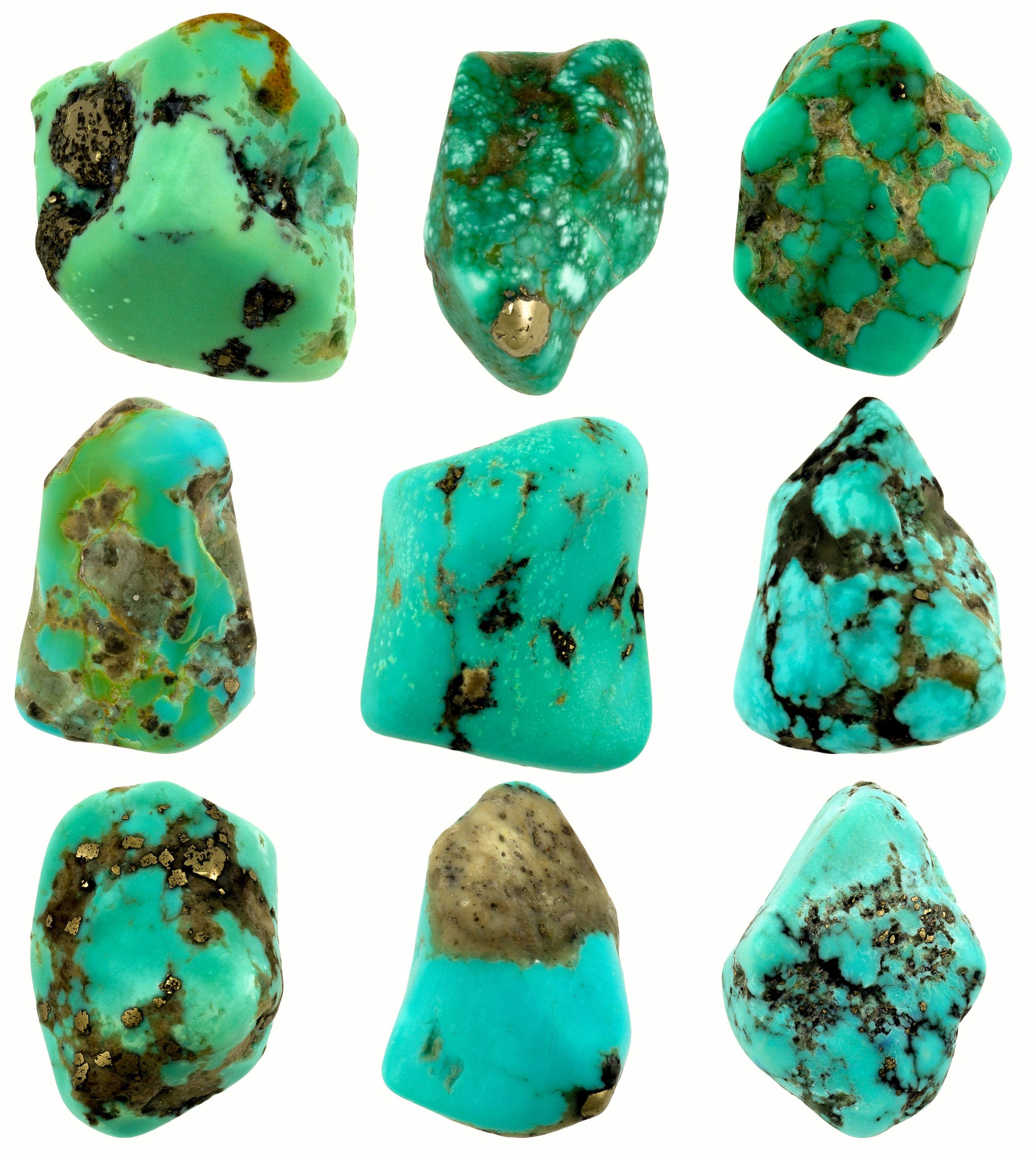 Nine pieces different turquoise stones isolated on white