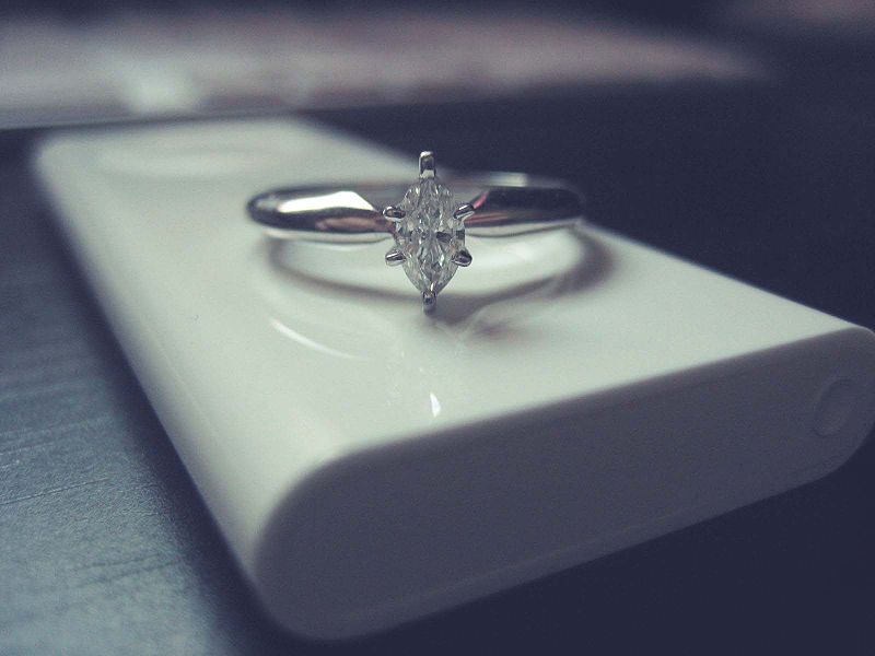 A marquise cut engagement ring in silver and diamond