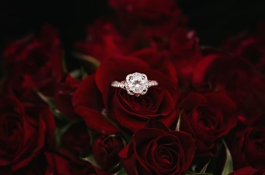 A diamond ring lying on red roses