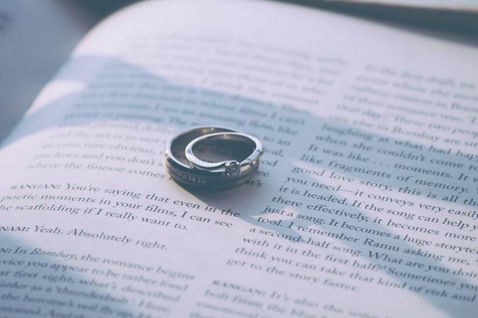 Image of two silver rings on a book