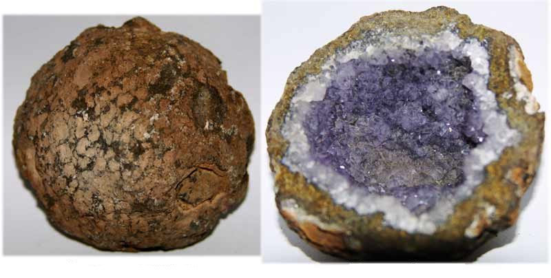 An amethyst geode that formed when large crystals grew in open spaces inside the rock