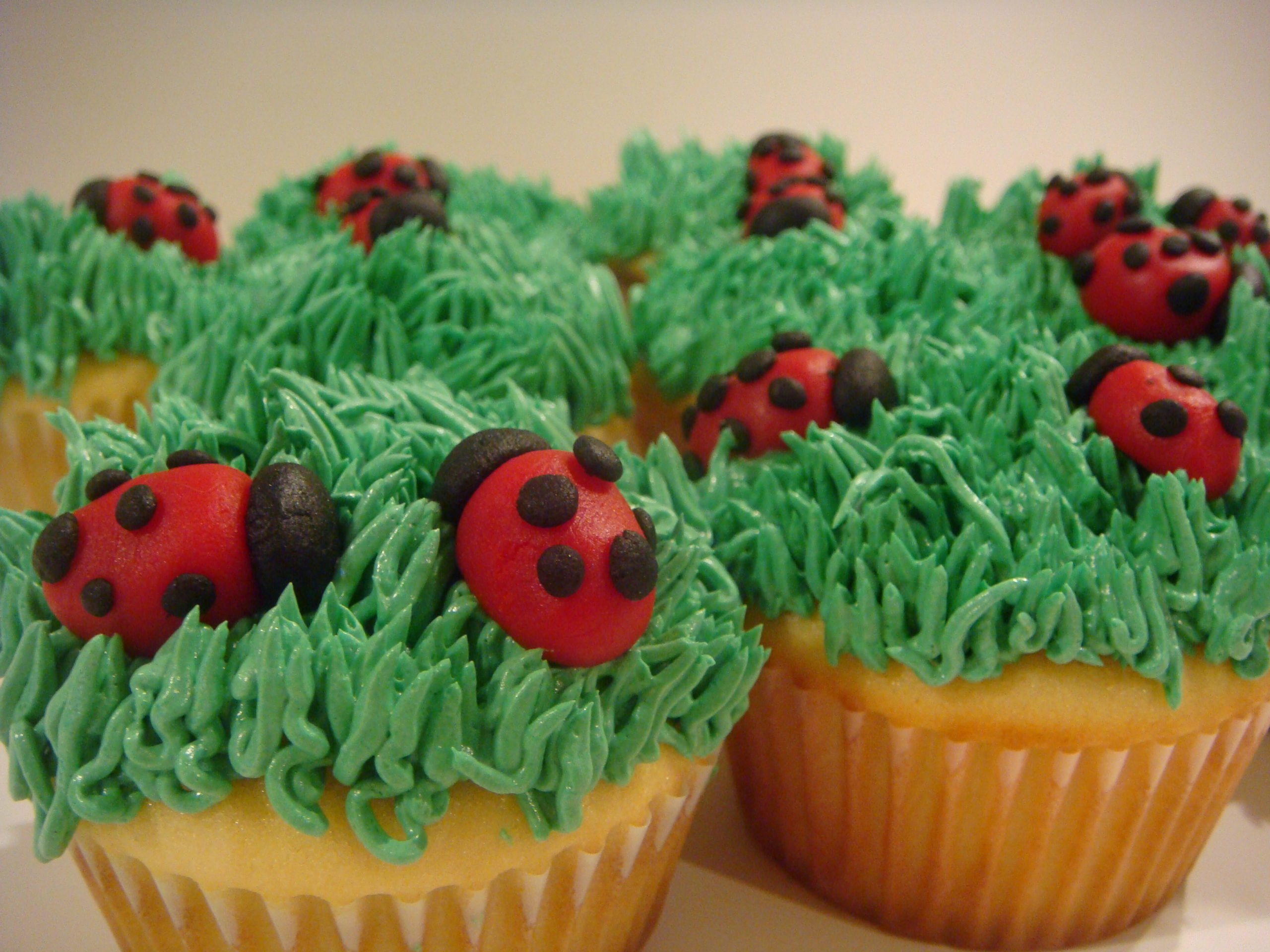 Cupcakes with green icing to appear as grass and marzipan shaped as ladybugs