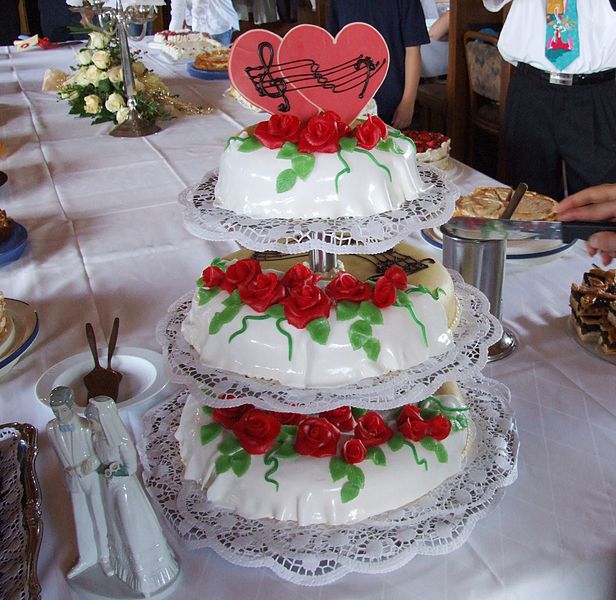 Three-tiered wedding cake in Germany. Chocolate sponge cake is popular in Germany and Austria