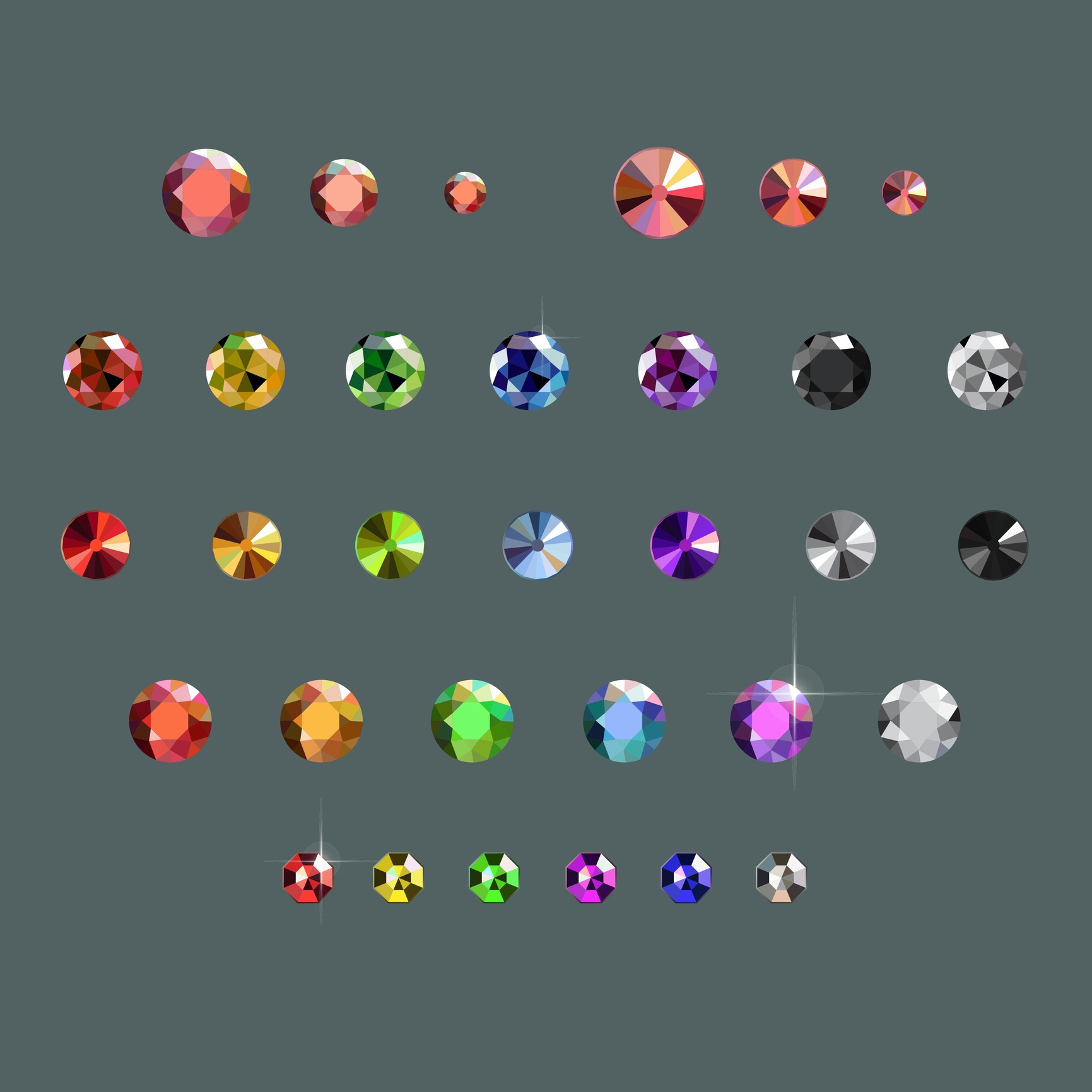 Set of isolated multi-colored rhinestones, precious stones